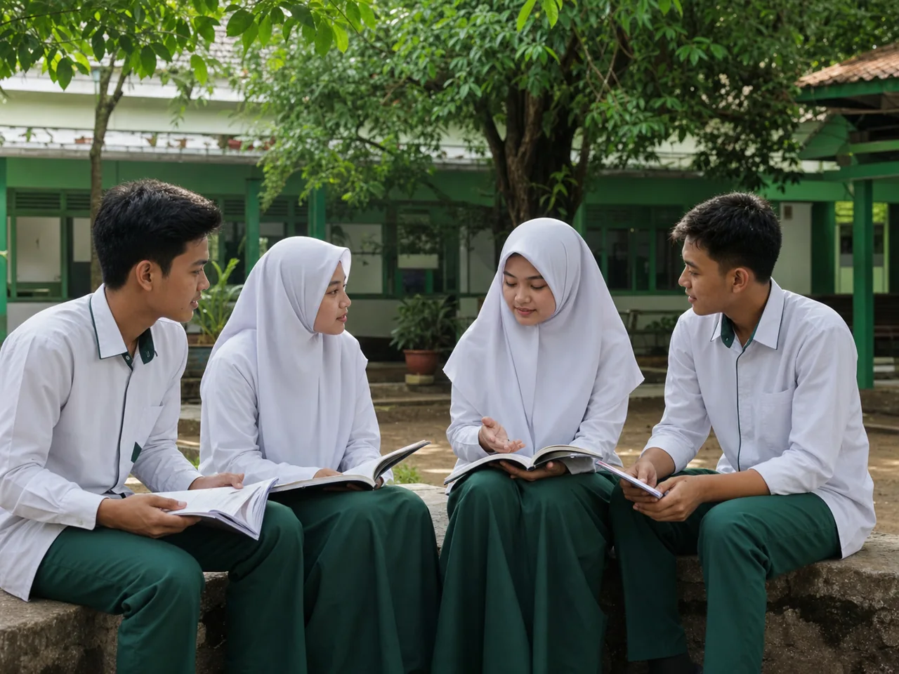 Siswa berdiskusi dan membaca bersama di halaman madrasah